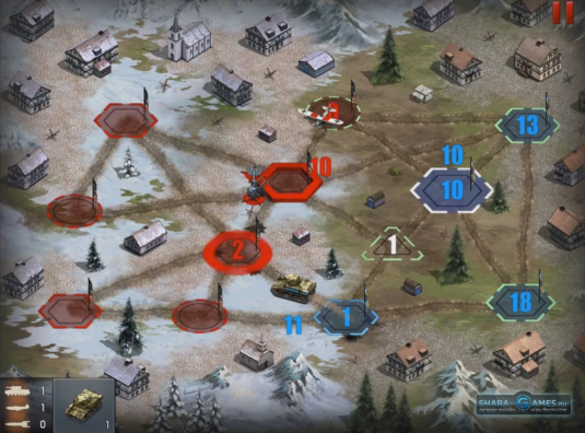 Демонстрация сражения на тактической карте. Синим цветом выделены ваши базы, красным — противника.
