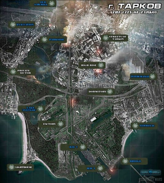 Карта города Таркова с нанесенными на нее указателями игровых карт