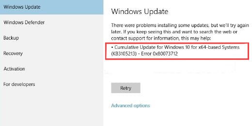 Код ошибки 0x80073712 на Windows 10