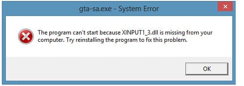 Так выглядит сообщенение «Запуск программы невозможен, отсутствует XINPUT1_3.dll»