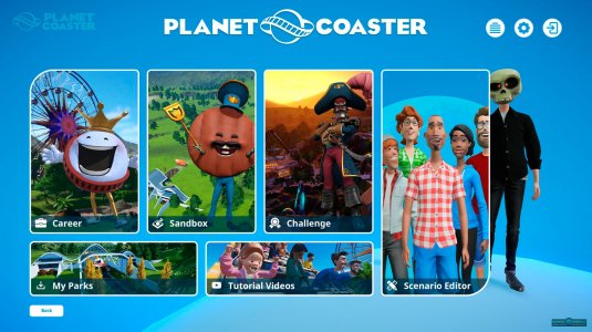 Меню игры Planet Coaster, где можно выбрать игровой режим, насладиться созданными проектами и посмотреть обучающие ролики